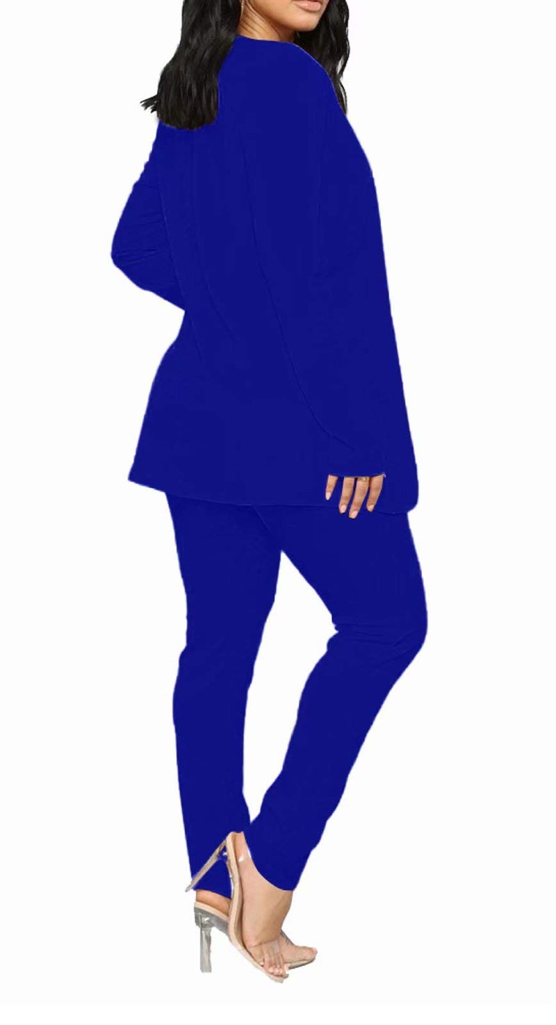 Aro Lora Women's 2 Piece Outfit Casual Solid Open Front Blazer and Pencil Pant Suits Set Large Royal Blue - Image 3