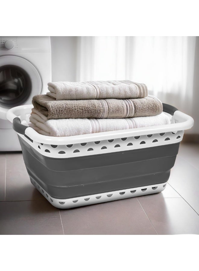 39L Large Collapsible Laundry Baskets Plastic, Pop Up Foldable Washing Basket, Laundry Hamper For Sorting & Drying, Space Saving Folding Wash Bucket Tub (2-Handle, Grey) - Image 1