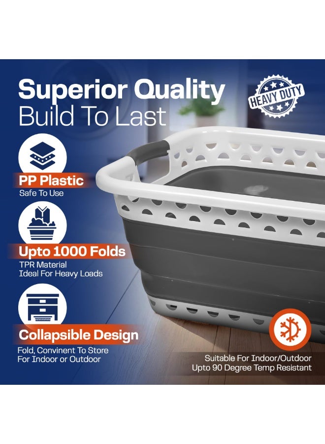 39L Large Collapsible Laundry Baskets Plastic, Pop Up Foldable Washing Basket, Laundry Hamper For Sorting & Drying, Space Saving Folding Wash Bucket Tub (2-Handle, Grey) - Image 3