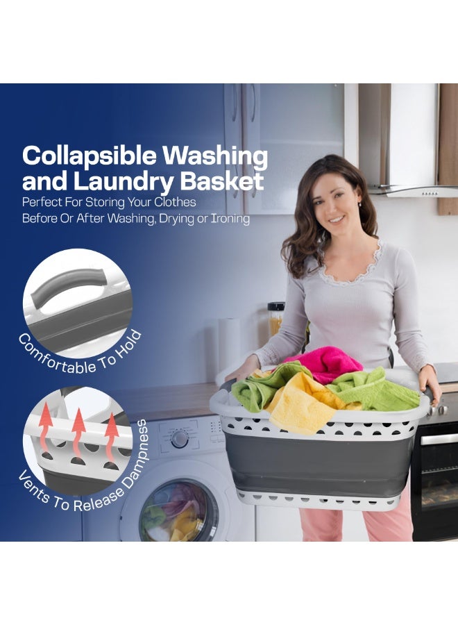 39L Large Collapsible Laundry Baskets Plastic, Pop Up Foldable Washing Basket, Laundry Hamper For Sorting & Drying, Space Saving Folding Wash Bucket Tub (2-Handle, Grey) - Image 2