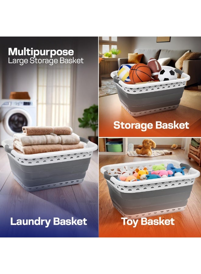 39L Large Collapsible Laundry Baskets Plastic, Pop Up Foldable Washing Basket, Laundry Hamper For Sorting & Drying, Space Saving Folding Wash Bucket Tub (2-Handle, Grey) - Image 4
