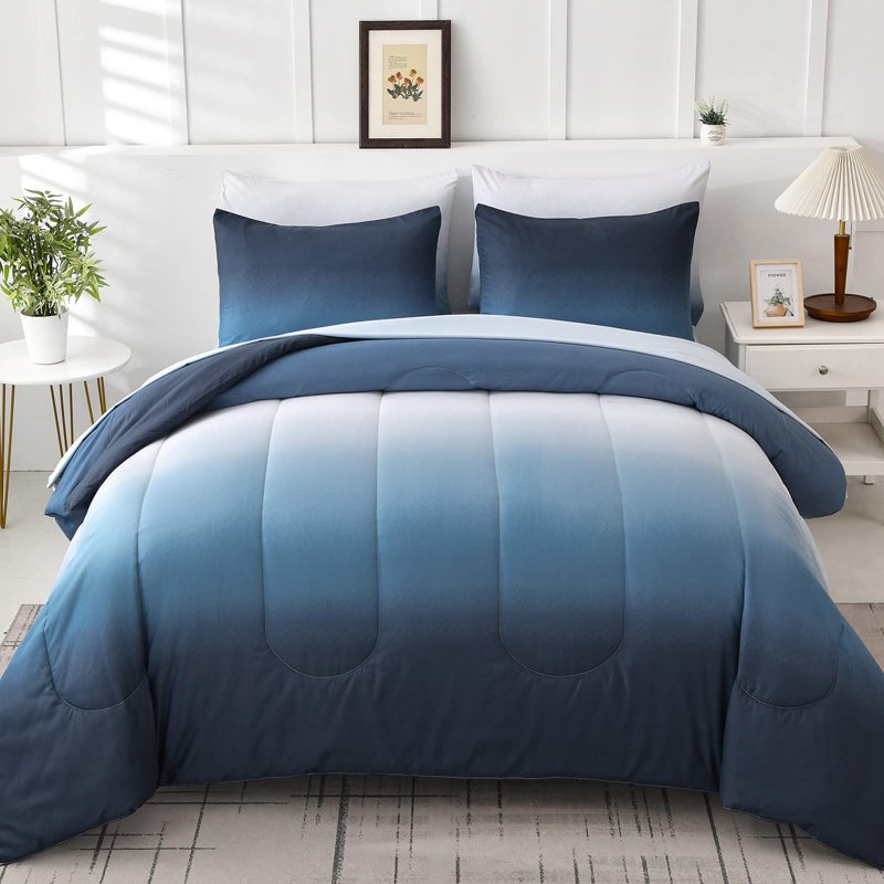 Anibedding Blue Comforter Set Queen 7 Pieces Ombre Blue White Microfiber Bedding Set All Season Down Alternative Light Ocean Sea Abstract Bed in a Bag for All Season 90 x90