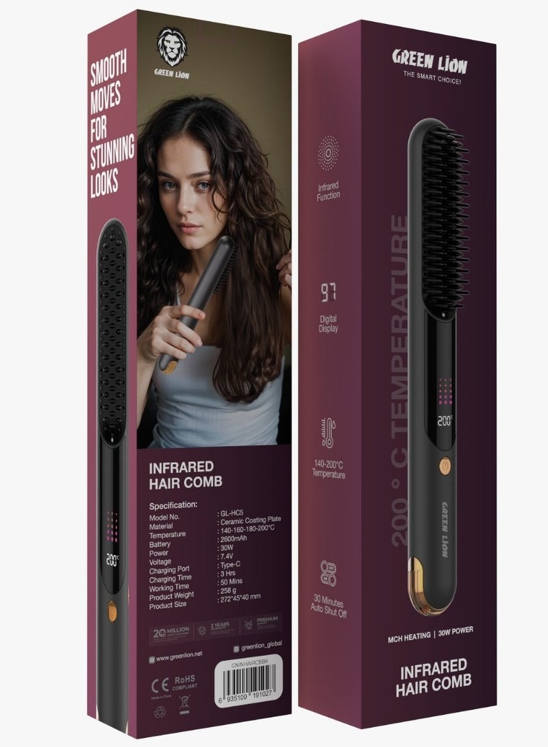 GREEN LION Infrared Hair Comb / MCH Heating / Digital Display / 140-200°C Temperature / 30 Minutes Auto Shut Off / Considerable Working Time / High-Capacity Battery / Type-C Charging Port - Black - Image 4