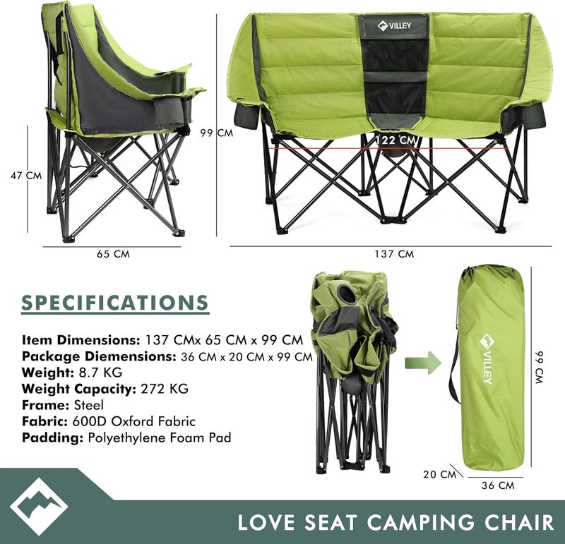 VILLEY Double Camping Chair w/Cooler Bag, Extra Wide Loveseat, Heavy Duty Padded Camping Couch, Portable Folding Chair, Carry Bag Steel Frame Cup Holders for Camp Lawn Picnic Sports (Green) - Image 2