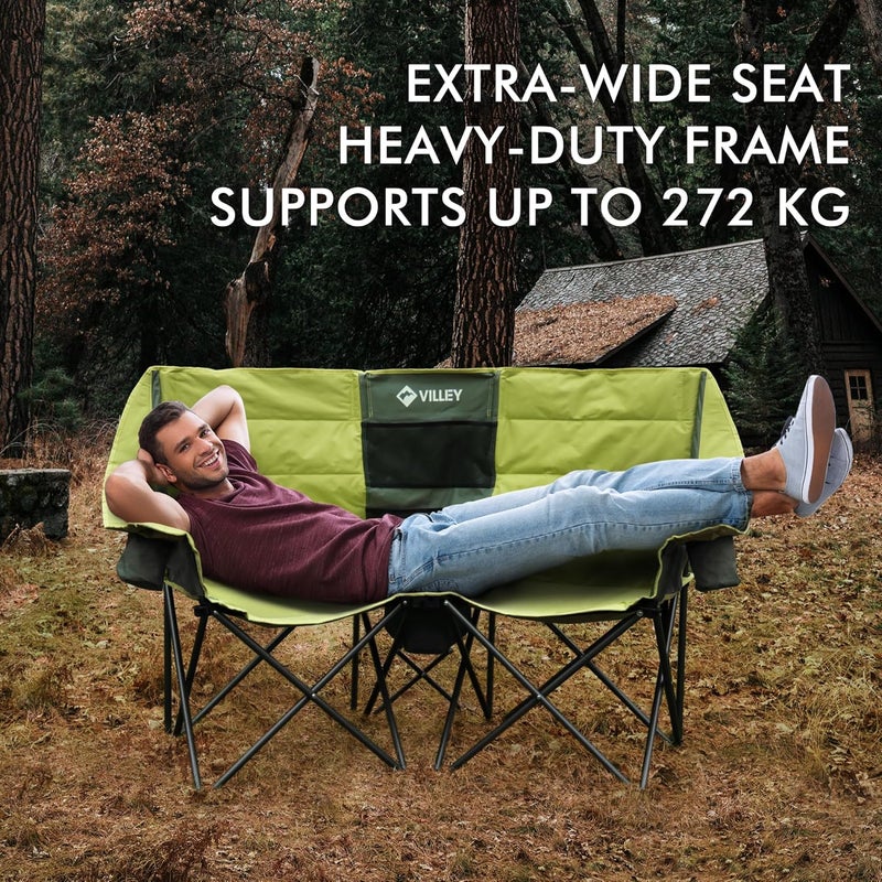 VILLEY Double Camping Chair w/Cooler Bag, Extra Wide Loveseat, Heavy Duty Padded Camping Couch, Portable Folding Chair, Carry Bag Steel Frame Cup Holders for Camp Lawn Picnic Sports (Green) - Image 4