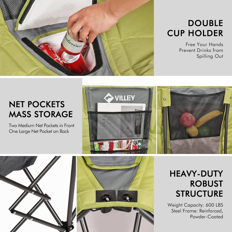 VILLEY Double Camping Chair w/Cooler Bag, Extra Wide Loveseat, Heavy Duty Padded Camping Couch, Portable Folding Chair, Carry Bag Steel Frame Cup Holders for Camp Lawn Picnic Sports (Green) - Image 5