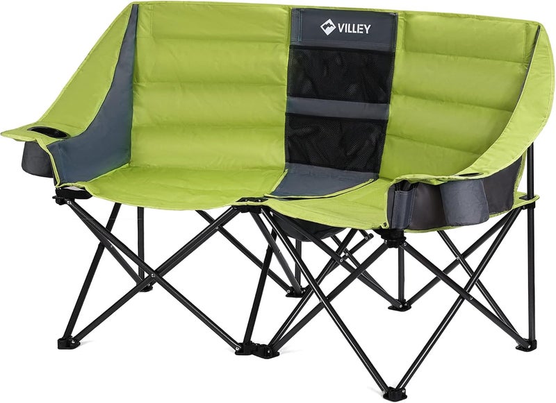 VILLEY Double Camping Chair w/Cooler Bag, Extra Wide Loveseat, Heavy Duty Padded Camping Couch, Portable Folding Chair, Carry Bag Steel Frame Cup Holders for Camp Lawn Picnic Sports (Green) - Image 1