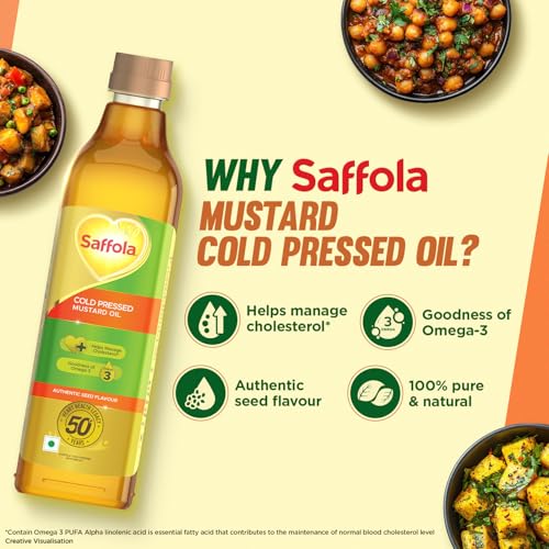 Saffola Cold Pressed Mustard Oil | 100% Cold Pressed Mustard Seed Oil | Kachi ghani Mustard Oil, 0 trans fat, Unrefined, Chemical free | Helps Manage Cholesterol, Goodness of Omega 3 with Authentic Seed Flavour | 1L Pet Bottle - Image 4