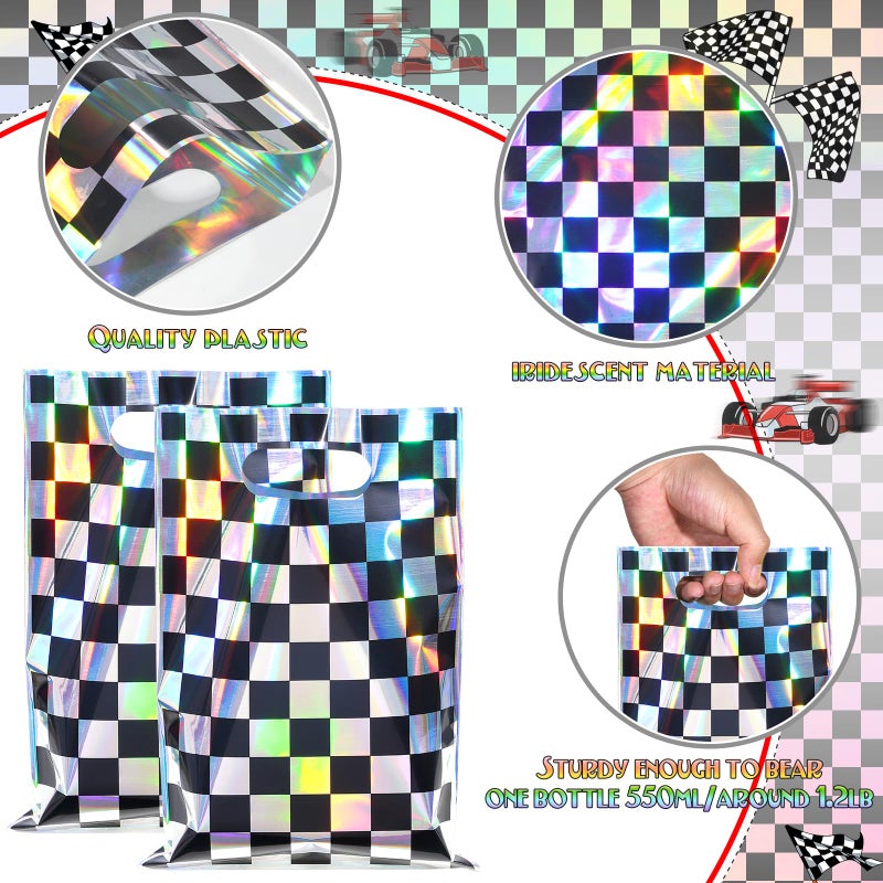 FunnyPars 30 Pcs Iridescent Checkered Race Car Party Favor Bags, Plastic Black and Iridescent Car Goodie Treat Bags, Racecar Laser Plaid Gift Bags for Kids Fast Race Car Birthday Party Decorations - Image 3