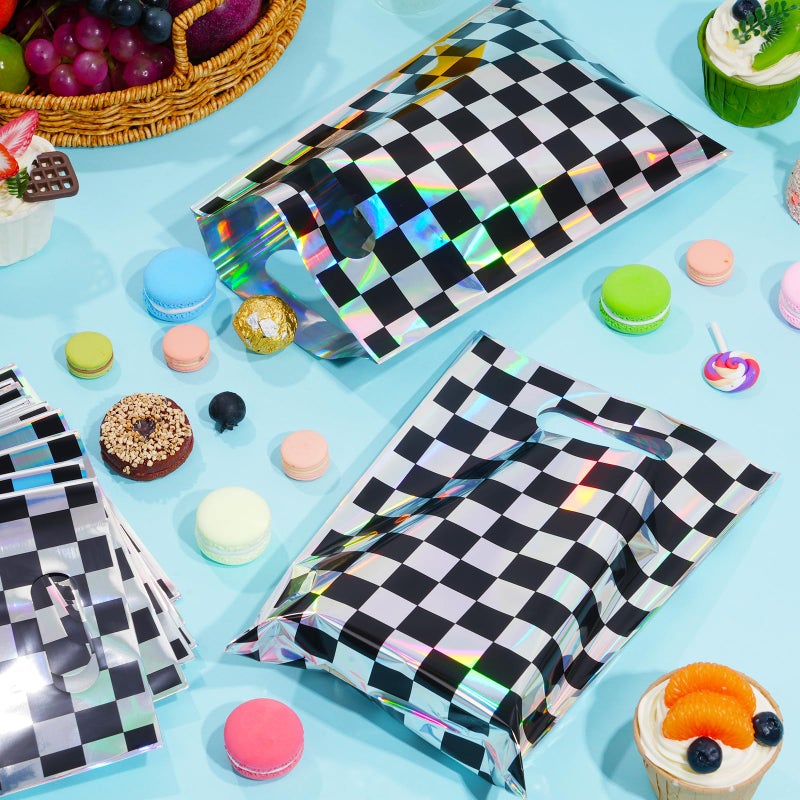 FunnyPars 30 Pcs Iridescent Checkered Race Car Party Favor Bags, Plastic Black and Iridescent Car Goodie Treat Bags, Racecar Laser Plaid Gift Bags for Kids Fast Race Car Birthday Party Decorations - Image 4