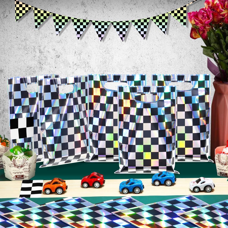 FunnyPars 30 Pcs Iridescent Checkered Race Car Party Favor Bags, Plastic Black and Iridescent Car Goodie Treat Bags, Racecar Laser Plaid Gift Bags for Kids Fast Race Car Birthday Party Decorations - Image 5