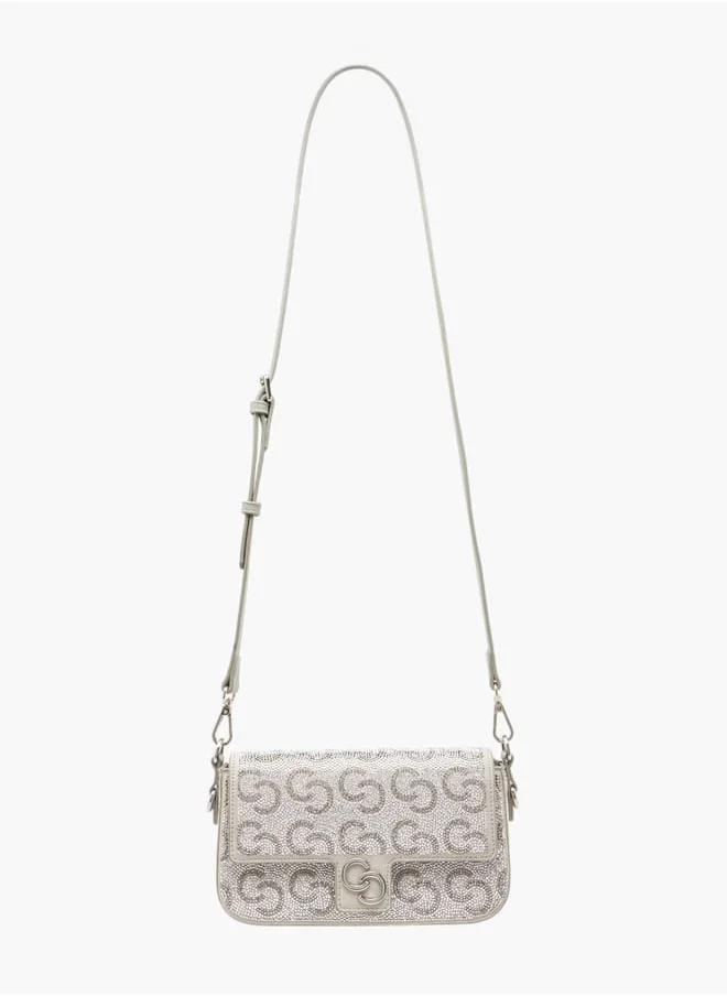 Celeste Women Logo Embellished Crossbody Bag with Detachable Strap and Flap Closure Ramadan Collection