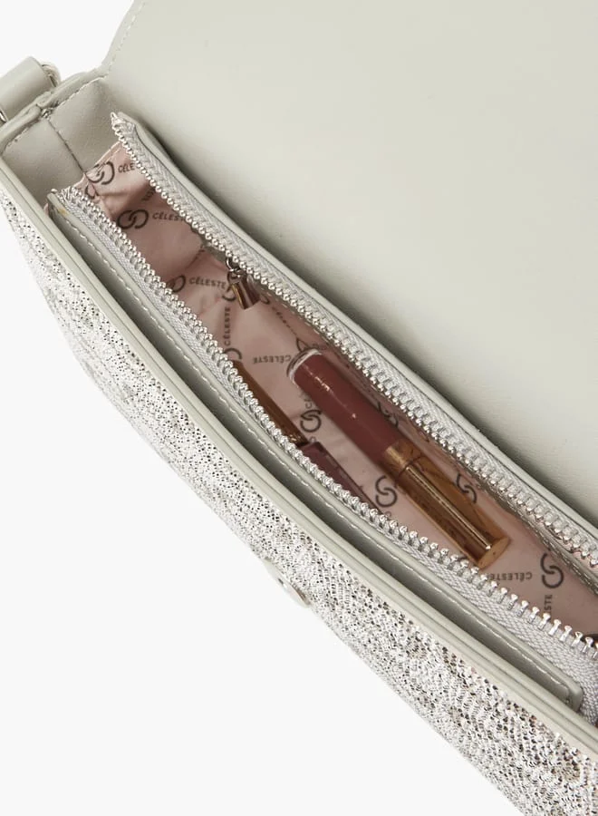 سيليست Women Logo Embellished Crossbody Bag with Detachable Strap and Flap Closure