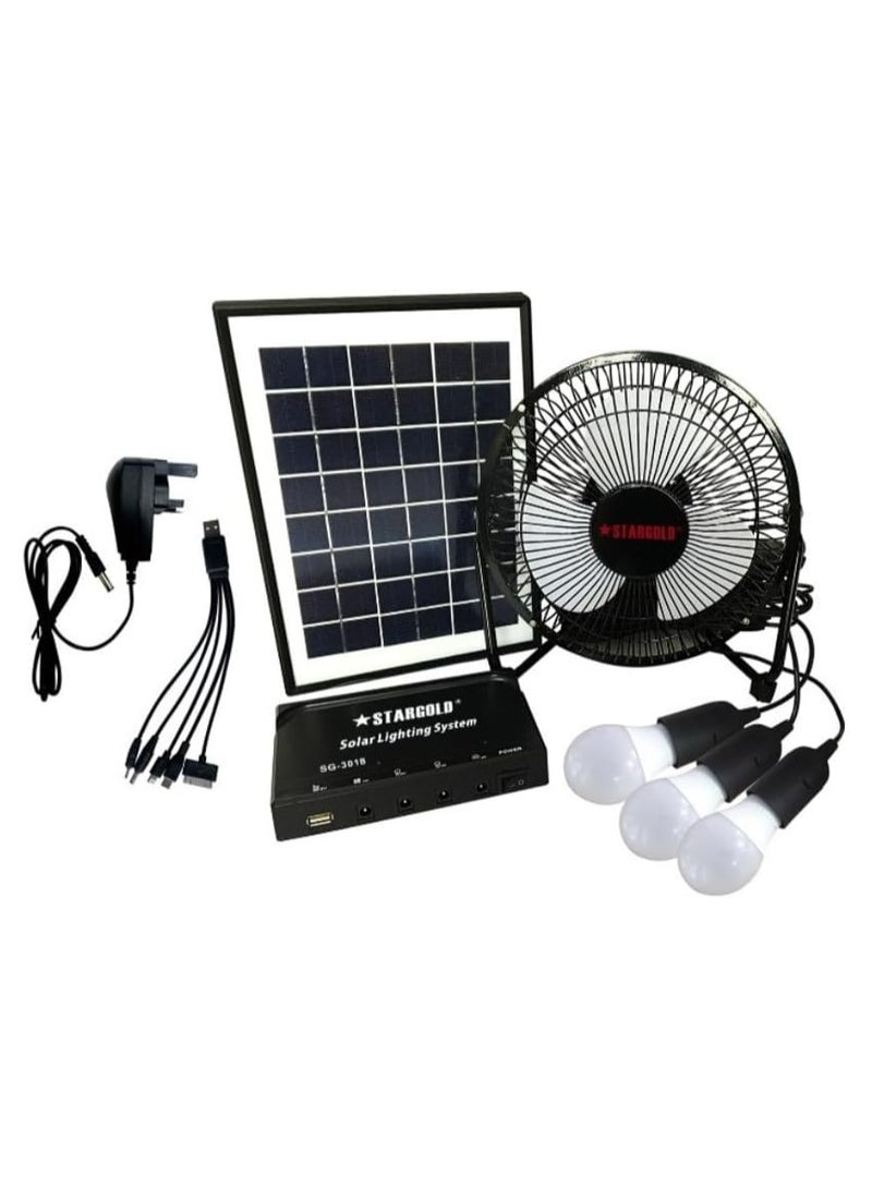 Stargold Solar Lighting System Kit with Solar Panel, Portable Fan, 3 LED Bulbs, USB Mobile Charging, Rechargeable Solar Power Generator for Home, Camping, Emergency & Outdoor Use - Image 1