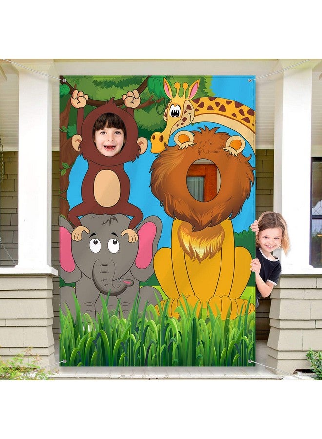 Blulu Jungle Safari Wild One Animals Birthday Party Decoration, Large Fabric Jungle Animals Backdrop Photo Door Banner, Funny Jungle Animals Face In Hole Game For Jungle Wild One Birthday Party Supplies - Image 1