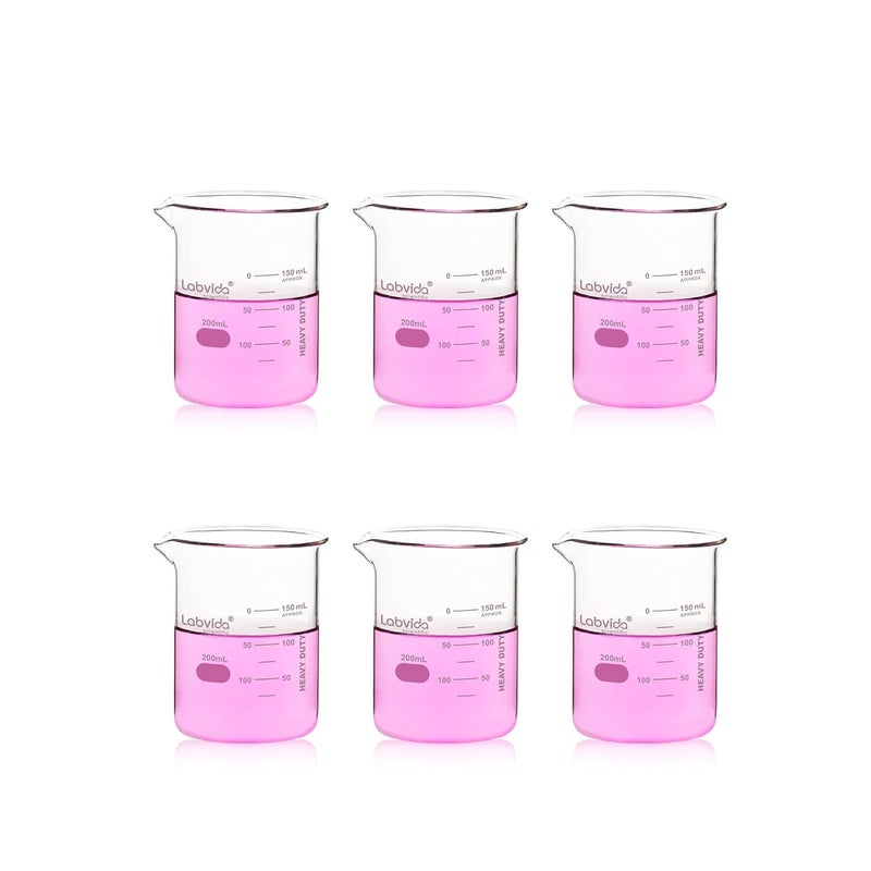 Labvida 6pcs 200ml Upgrated Thick Glass Beakers, Griffin Low Form Beaker Set with Double Scale, 3.3 Boro, LVA020 - Image 1