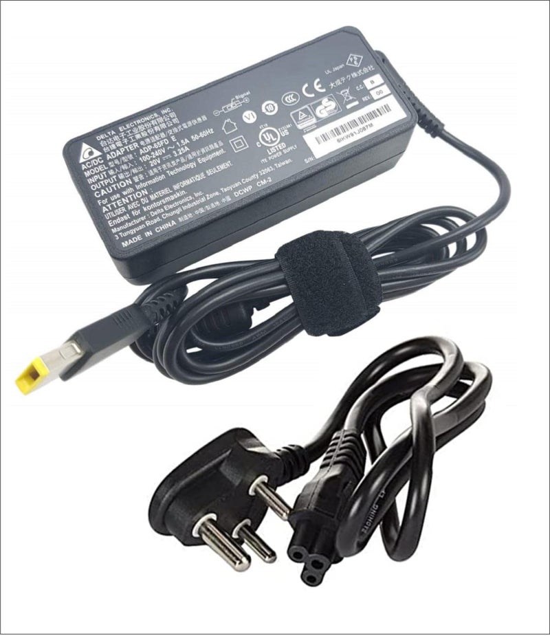 Maxelon Len-OVO 65W Orignal USB Slim Tip Rectangular pin Laptop Adapter/Charger for Select Models of Lenovo Laptops Black- (with 3 Pin Power Cable) - Image 1