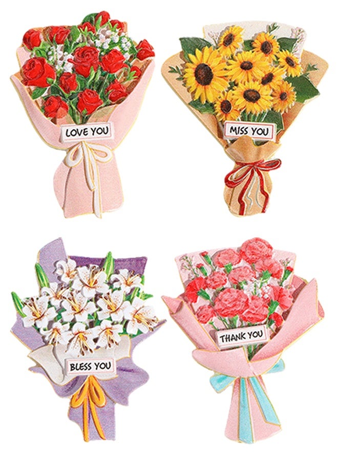 4 Pack Artificial Flower Fridge Magnets, 3D Embossed Bouquet Decor, Strong Magnetic Refrigerator Stickers for Kitchen, Ideal Holiday & Housewarming Gift Set - Image 1