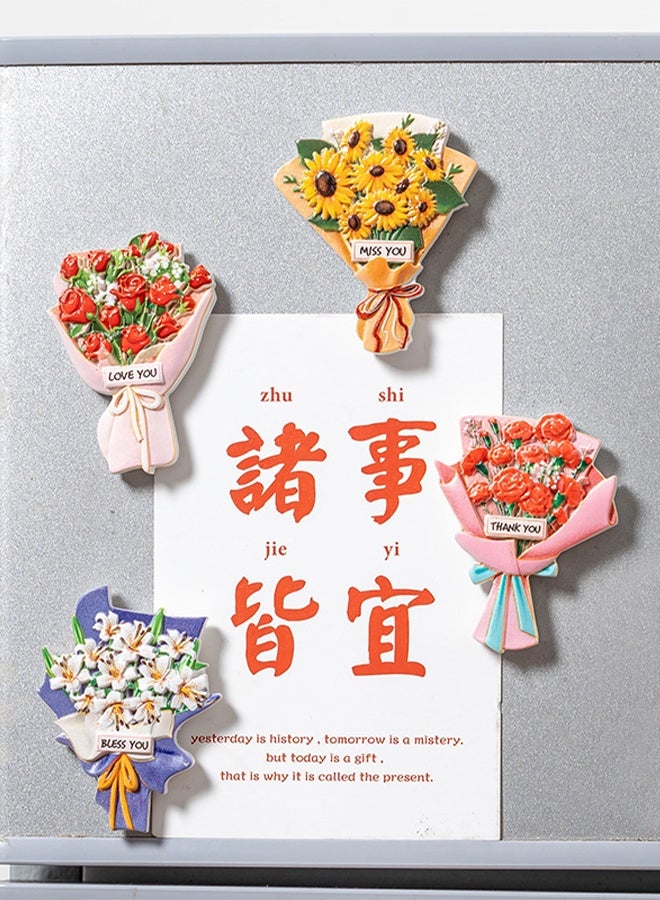 4 Pack Artificial Flower Fridge Magnets, 3D Embossed Bouquet Decor, Strong Magnetic Refrigerator Stickers for Kitchen, Ideal Holiday & Housewarming Gift Set - Image 4
