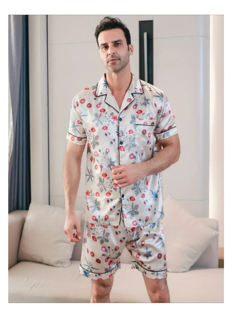 2 Pieces Mens  Short Sleeves Pajama Set Satin Loungewear For Men  - Image 2