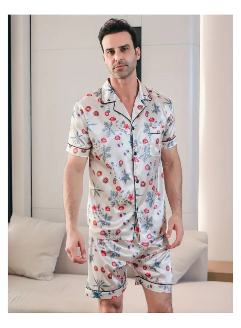2 Pieces Mens  Short Sleeves Pajama Set Satin Loungewear For Men  - Image 3