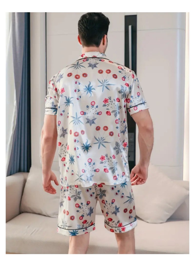 2 Pieces Mens  Short Sleeves Pajama Set Satin Loungewear For Men  - Image 4