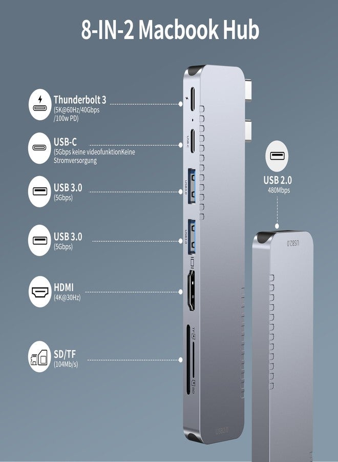 BHHB M82 USB C Hub, Adapter for MacBook Pro Air 8-in-2 for MacBook Accessories with 4K HDMI, PD 100W 40Gbps Thunderbolt 3, USB-C, USB 3.0&2.0, SD and TF Card Slot - Image 2
