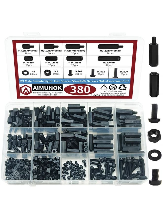 380pcs Black M3 Nylon Hex Standoff Spacer Screw Nut Assorted Kit For PCB Motherboard - Image 1