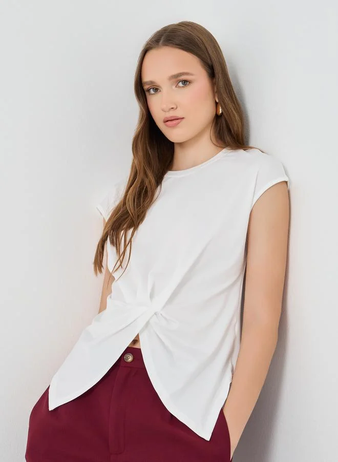 تايك تو Take Two Solid Asymmetric Neck Short Sleeve T-Shirt