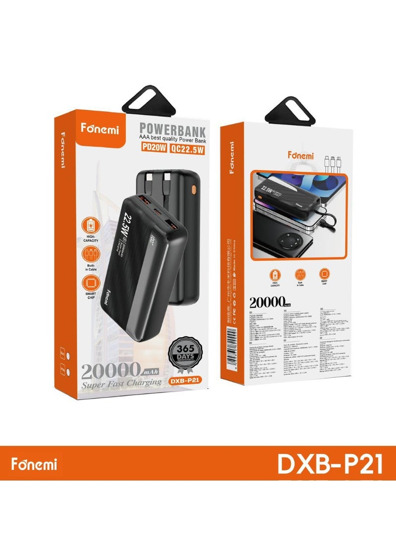 Fonemi DXB-P21 20000mAh Power Bank: Super Fast Charging 22.5W QC & 20W PD with Built-in Cable - High Capacity Portable Charger for iPhone & Android 1 Year Warranty
