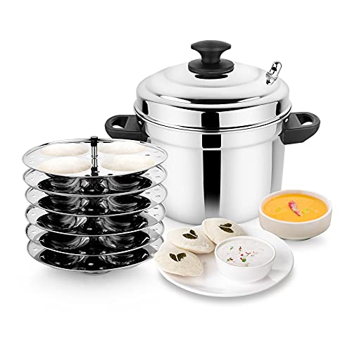 Prabha Stainless Steel Idli Maker | Idli Cooker Steel 6 plates 24 Idli | Idly Cooking Pot Vacuum Idli Maker/Momo Maker/Multi Kadai/Steamer | Idly Maker/Momo Maker/Multi Kadai/Steamer Set - Image 1