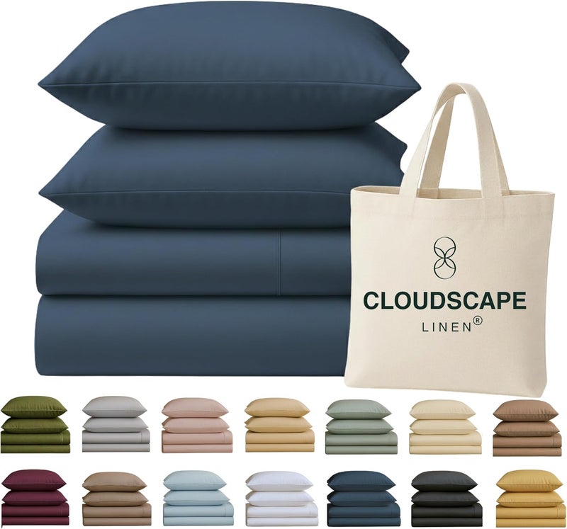 كلاود سكيب لينين مجموعة شراشف Cloud Scape Linen من القطن المصري 100% مقاس فول، عدد الخيوط 400، مجموعة شراشف سرير قطنية ناعمة ومتينة ومسامية، جيب عميق يصل إلى 16 بوصة، دنيم داكن - Image 1
