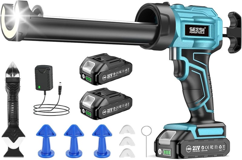 Seesii Cordless Caulking Gun, 21V Battery Powered Caulk Gun, Electric Caulking Gun w/2 x 2.0Ah Batteries, 9Pcs Caulk Remover Tool, LED Light, Auto Retract for Filling, Sealing - Image 1