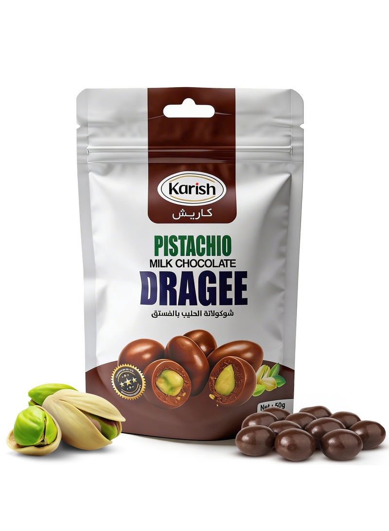 Karish Pistachio Milk Chocolate Dragee 50g – Crunchy Sweet Nut Snack – Made in UAE – Premium Pistachio Coated in Milk Chocolate