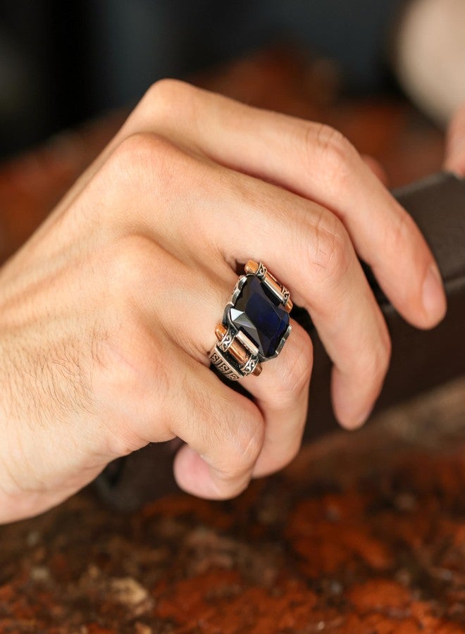 Babylon Silver Genuine Solid 925 Sterling Ring for Men, Accented with Bronze, Faceted Simulated Blue Sapphire Stone, Vintage Turkish Ottoman Style (Simulated Sapphire, 14) - Image 2