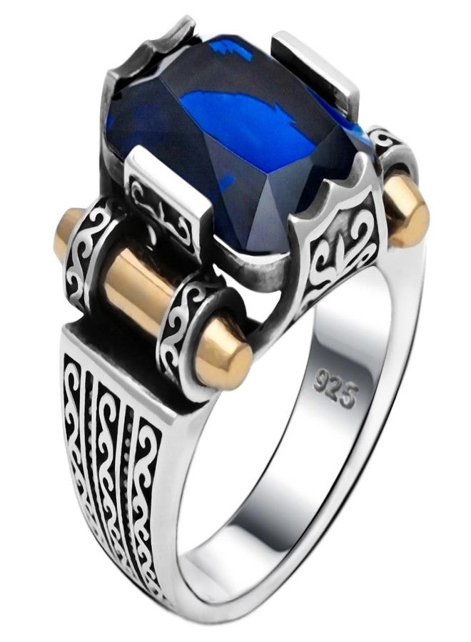 Babylon Silver Genuine Solid 925 Sterling Ring for Men, Accented with Bronze, Faceted Simulated Blue Sapphire Stone, Vintage Turkish Ottoman Style (Simulated Sapphire, 14) - Image 1
