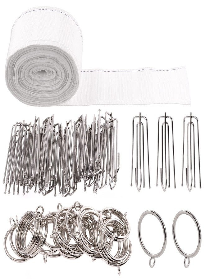 Tanstic 61Pcs 10 Yard/9.2 Meters Pleat Tape for Curtain, Including White Curtain Heading Tape Curtain Pleat Tape, 30Pcs Stainless Steel 4 Prong Curtain Pleat Hook Clip with 30Pcs Curtain Rings - Image 1