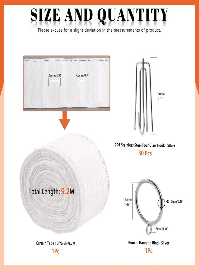 Tanstic 61Pcs 10 Yard/9.2 Meters Pleat Tape for Curtain, Including White Curtain Heading Tape Curtain Pleat Tape, 30Pcs Stainless Steel 4 Prong Curtain Pleat Hook Clip with 30Pcs Curtain Rings - Image 2