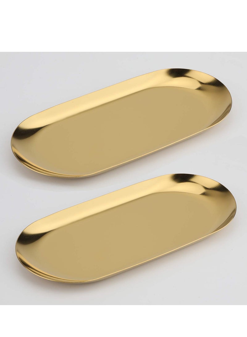 Red Leaf Stainless Steel Decorative Tray, Set of 2, 9 Inch Long, Jewelry Dish Cosmetics Organizer Bathroom Clutter Serving Platter Small Storage Tray, Oval, Gold - Image 1