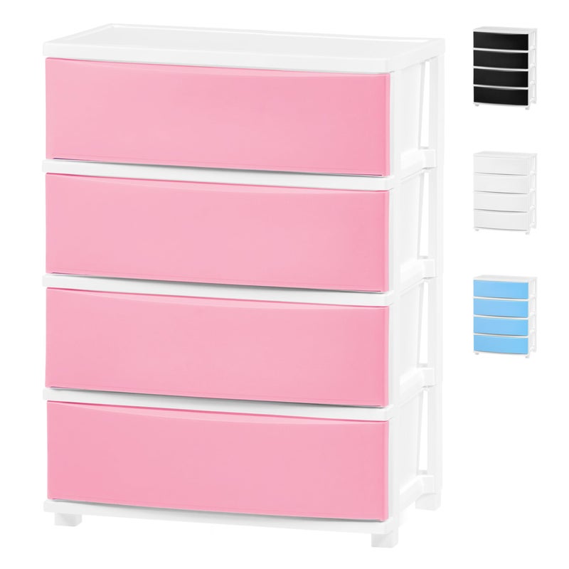 IRIS USA Plastic Drawer Storage Organizer 4Drawers for Classroom Art Supplies Dresser Closet Bathroom Dorm Bedroom Laundry Room Wide White Frame with Matte Pink Front Panels