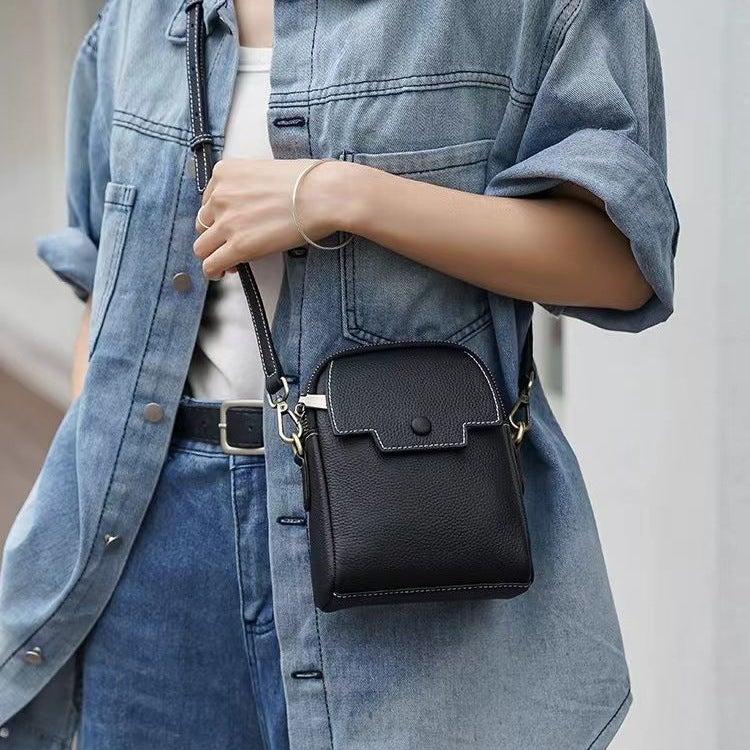 Genuine Leather Small Satchel Women'S Fashion Light Luxury Women'S Bag Genuine Leather Multi-Layer Mobile Phone Bag All-Match Shoulder Small Square Bag - Image 1