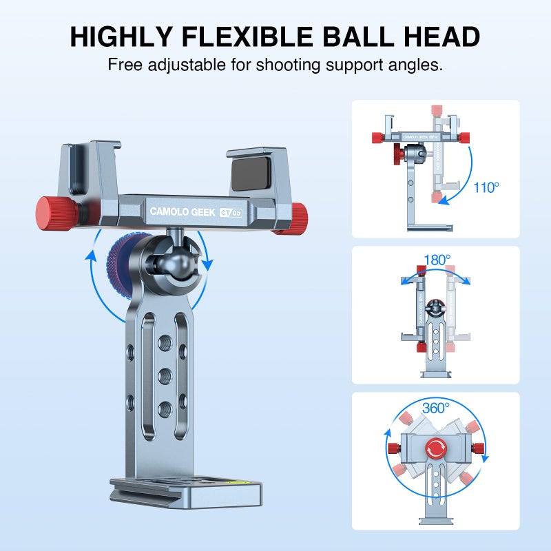 CAMOLO GEEK Phone Tripod Mount Aluminum Alloy, 360Â° Rotatable Phone Stand Holder Clamp with Cold Shoe and Arca Base Compatible with iPhone 15 Pro Max Galaxy S24 Ultra Pixel & 2.5"-4" Wide Smartphones - Image 3