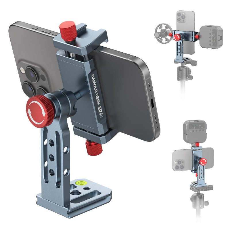 CAMOLO GEEK Phone Tripod Mount Aluminum Alloy, 360Â° Rotatable Phone Stand Holder Clamp with Cold Shoe and Arca Base Compatible with iPhone 15 Pro Max Galaxy S24 Ultra Pixel & 2.5"-4" Wide Smartphones - Image 1