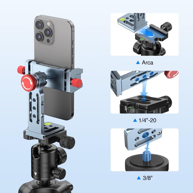 CAMOLO GEEK Phone Tripod Mount Aluminum Alloy, 360Â° Rotatable Phone Stand Holder Clamp with Cold Shoe and Arca Base Compatible with iPhone 15 Pro Max Galaxy S24 Ultra Pixel & 2.5"-4" Wide Smartphones - Image 2