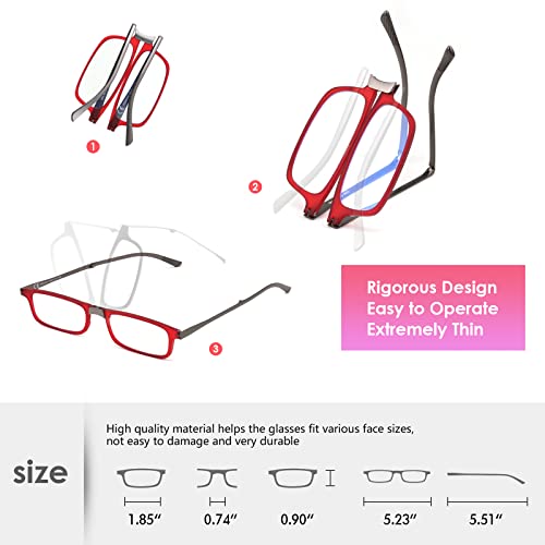 SKYOAK Evolved Folding Reading Glasses For Women Men Blue Light Blocking Anti UV Eyestrain Foldable Portable Compact Readers with Flat Hard Case Pocket Computer glasses 1.0 RED - Image 3