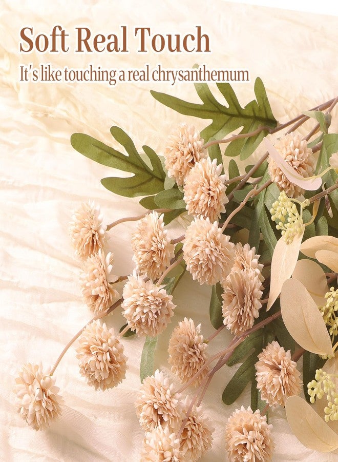 Alupssuc 32PCS Faux Silk Pompon Mums Artificial Flowers with Eucalyptus, Fake Chrysanthemum Floral for DIY Vase Arrangement, Long Stem Dining Table Centerpiece Home Decor, Beige - Image 5