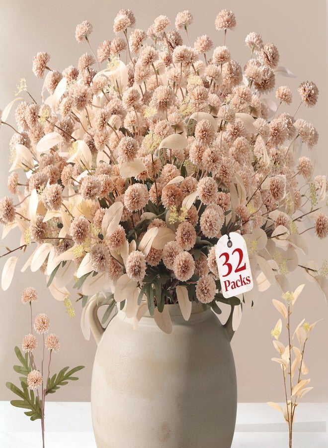 Alupssuc 32PCS Faux Silk Pompon Mums Artificial Flowers with Eucalyptus, Fake Chrysanthemum Floral for DIY Vase Arrangement, Long Stem Dining Table Centerpiece Home Decor, Beige - Image 1