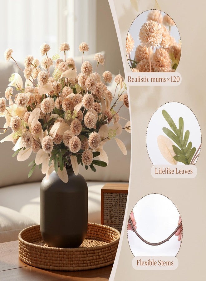 Alupssuc 32PCS Faux Silk Pompon Mums Artificial Flowers with Eucalyptus, Fake Chrysanthemum Floral for DIY Vase Arrangement, Long Stem Dining Table Centerpiece Home Decor, Beige - Image 3