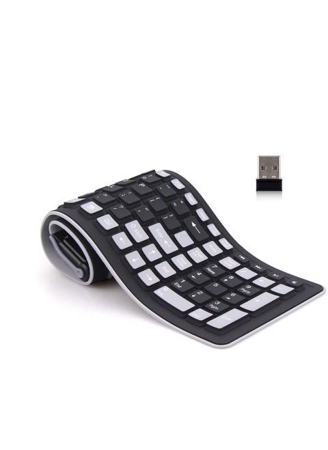 Wireless Silicone Keyboard,  2.4GHz Wireless, Foldable Rollup Keyboard, Waterproof, Dustproof and Lightweight, Perfect for PC, Notebook, Laptop and Travel (Black and Grey)