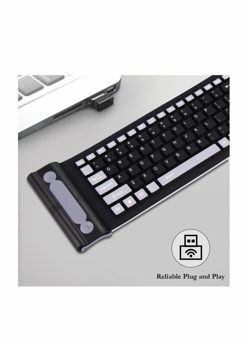 Generic - Wireless Silicone Keyboard,  2.4GHz Wireless, Foldable Rollup Keyboard, Waterproof, Dustproof and Lightweight, Perfect for PC, Notebook, Laptop and Travel (Black and Grey) - Image 1